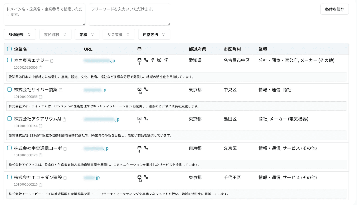 アドレス検索結果画面: 企業名＋発見されたメールアドレス一覧